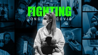 Eine Frau im OP-Hemd und mit OP-Maske, darauf der Schriftzug "Fighting Long Covid"