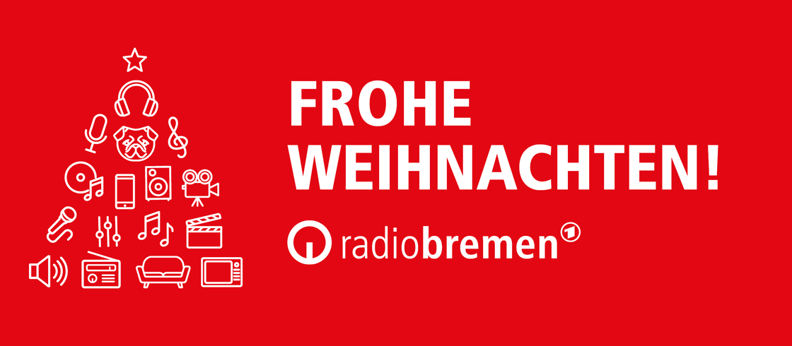 Roter Banner mit Radio-Bremen-Logo und mit der Aufschrift: Frohe Weihnachten