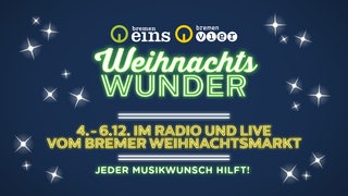 Grafik von Bremen 1 und Bremen 4: Weihnachtswunder, 4. bis 6.12. im Radio und Live vom Bremer Weihnachtsmarkt. Jeder Musikwunsch hilft.