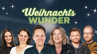 Weihnachtswunder-Schriftzug mit den Moderatoren und Moderatorinnen der Sendung von Bremen Vier