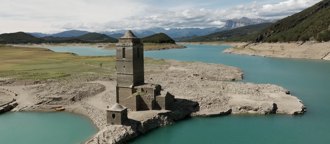 Kirchturm inmitten eines Sees
